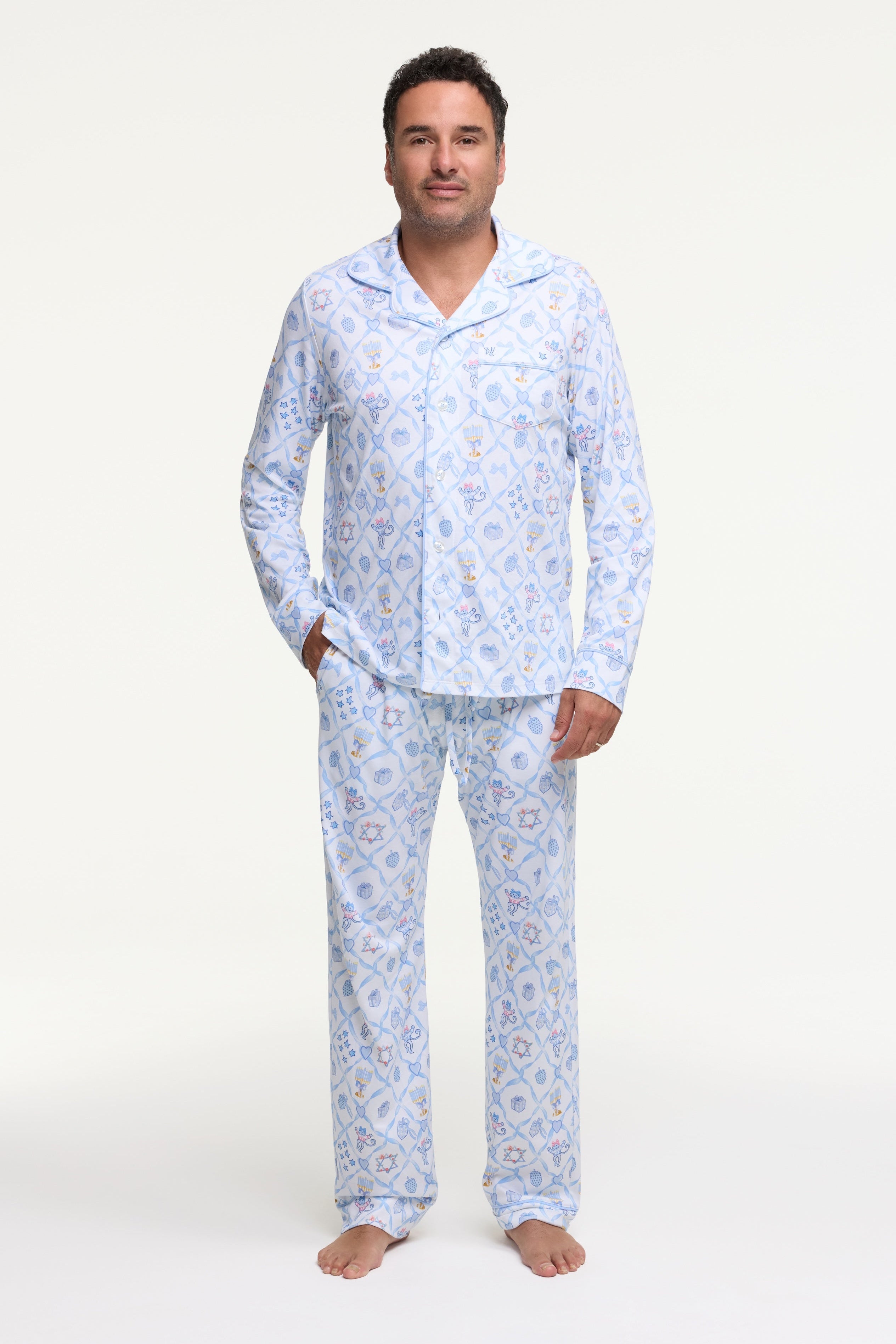 Mens Starry Nights Lattice Long Sleeve Polo Pajama