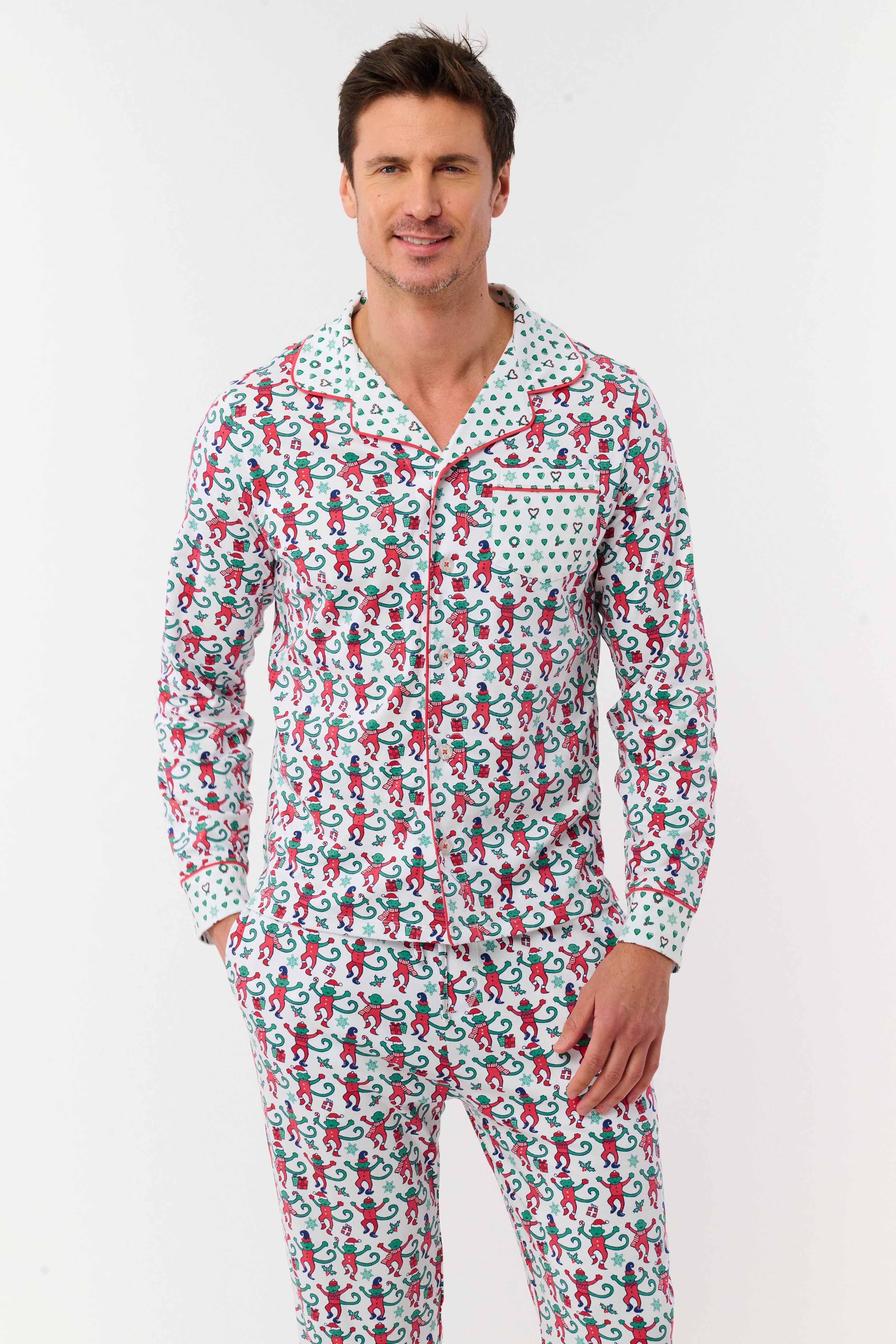 Mens Monkey Mas Patchwork Long Sleeve Polo Pajamas