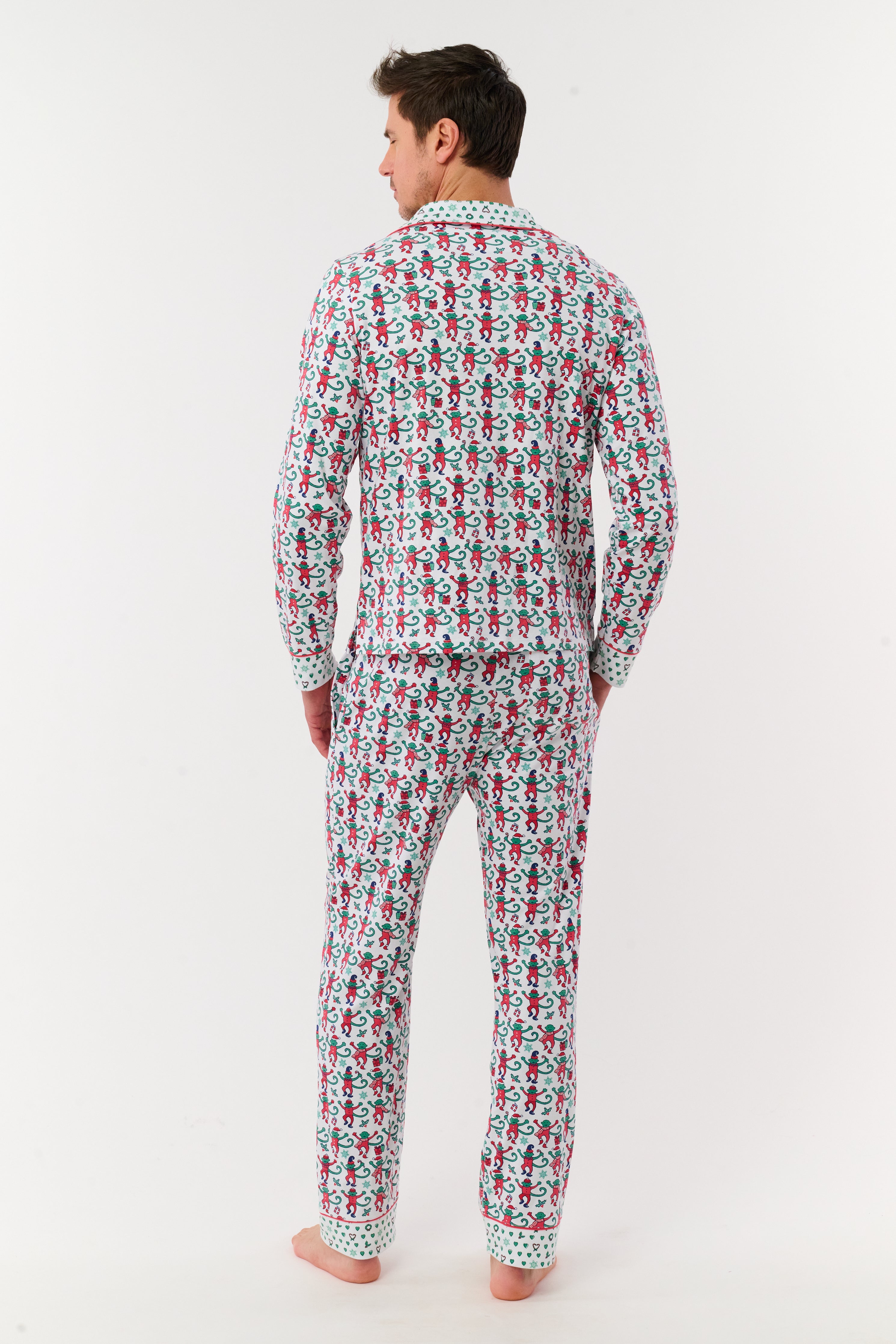 Mens Monkey Mas Patchwork Long Sleeve Polo Pajamas